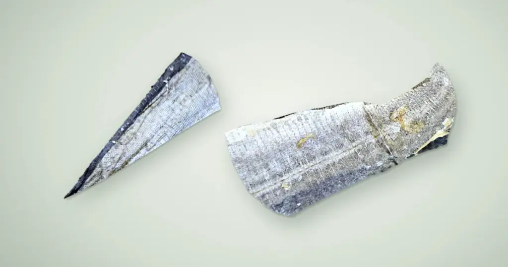 Two dried fish skin flat dog treats on a pale sage green background